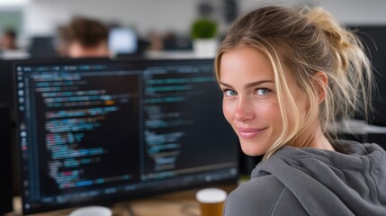 Young woman smiling while coding on a computer in a modern office with colleagues in the background