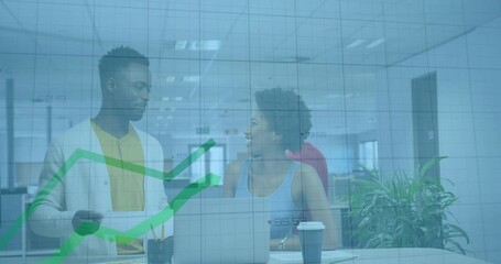 Poster - Business colleagues discussing in office with financial graph animation overlay
