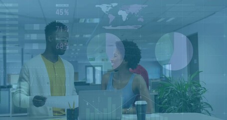 Poster - Business team collaborating in office with data analytics animation overlay