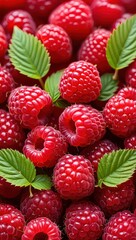 Aufkleber -  A bunch of red raspberries with green leaves.