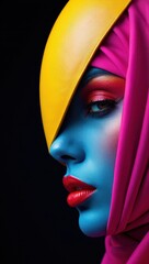 Poster -  A woman with vibrant makeup on her face, wearing a colorful headscarf and eye contacts that change the color of her eyes.