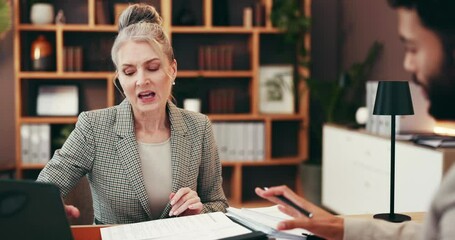 Poster - Documents, consultant and business people in office for meeting, discussion and legal advice. Professional, representative and man with paperwork for woman for feedback, agreement and partnership