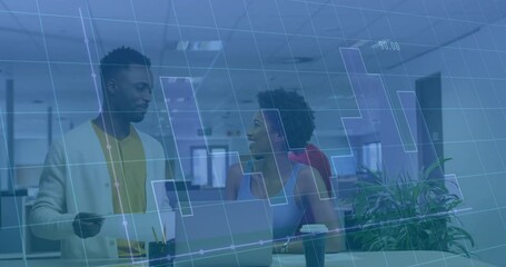 Poster - Discussing work, business colleagues with financial data animation overlay in office