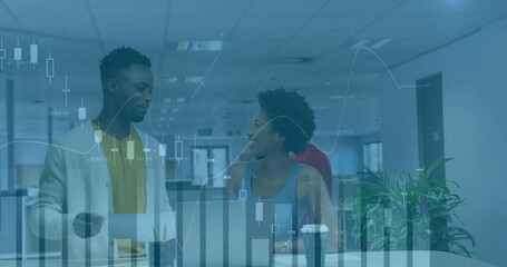Poster - Business colleagues discussing in office with financial data animation overlay