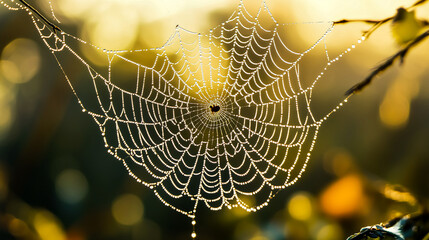 Beautiful closeup of an intricate spiderweb adorned with sparkling dew drops during golden hour sunrise. Ethereal nature macro.