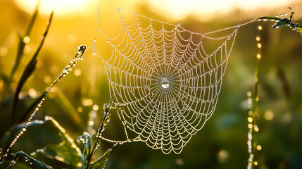 Beautiful closeup of an intricate spiderweb adorned with sparkling dew drops during golden hour sunrise. Ethereal nature macro.