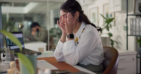 Poster - Business woman, headache and computer with burnout, tired and frustrated with project or anxiety in workplace. Person, fatigue or consultant with migraine for stress, brain fog or dizzy with crisis