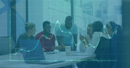 Poster - Business team collaborating at table with financial graph animation overlay