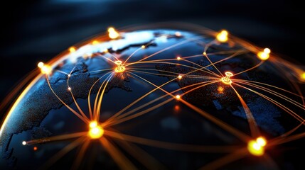 Global network connections, illuminated nodes, earth backdrop, internet communication