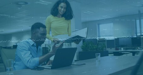 Poster - Collaborating in modern office, business colleagues processing financial data animation