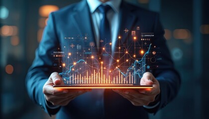 Aufkleber - Businessman holding digital tablet shows KPI dashboard. Data analytics, business intelligence, corporate strategy concept. Graphs, charts, financial data visualization, business success, market