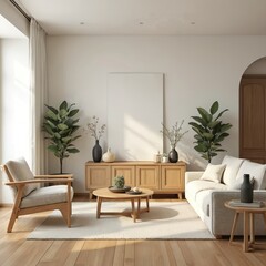 Poster - Scandinavian style living room interior with wooden furniture and decor. Pastel colors, modern design. Empty wall mockup, art canvas. Cozy apartment room decor, light, sun. Home interior.