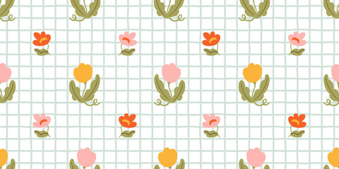 Poster - Colorful floral seamless pattern illustration. Vintage style flower plaid background design. Geometric natural wallpaper print, spring season nature backdrop texture with flowers.	
