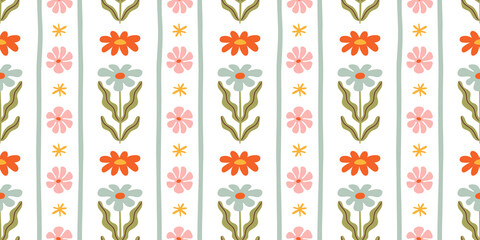 Fototapete - colorful vintage flower art seamless pattern illustration. retro nature floral background in hand dr