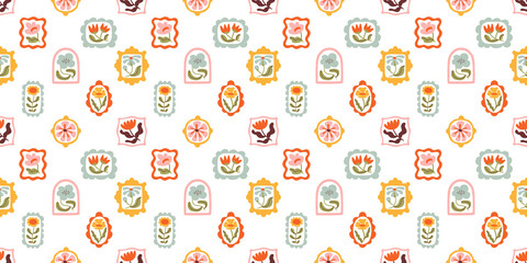 Leinwandbilder - Colorful floral seamless pattern illustration. Vintage style flower frame background design. Geometric natural wallpaper print, spring season nature backdrop texture with flowers.	
