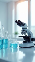 Aufkleber - Laboratory setting with advanced medical equipment. Microscope, glass vials with blue liquid. Research, analysis, healthcare technology. Science innovation, clinical diagnostic tool, pro workspace.