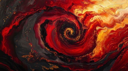 Poster - Abstract swirling vortex of red, orange, black, and gold paint.