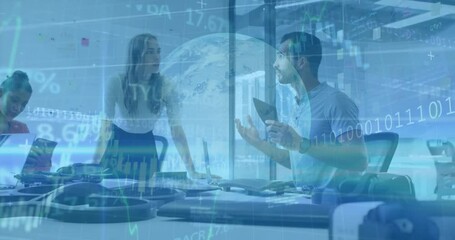 Poster - Business professionals discussing over digital data and globe animation in office