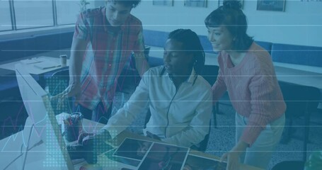 Poster - Analyzing data with financial graphs, business team collaborating in modern office