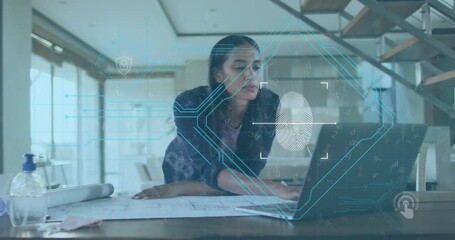 Poster - Reviewing architectural plans, woman with fingerprint scanning animation overlay