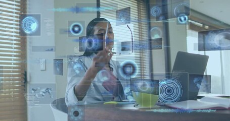 Poster - Interacting with animation holograms, businesswoman at office desk analyzing data