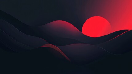 Wall Mural - abstract dark landscape with a red sun setting over wavy hills.