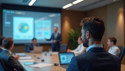Poster - Men watching AI presentation in conference room. Speaker uses digital projector. Audience listens. Data shown on screen charts, graphs. Business meeting, modern technology, innovation, future.