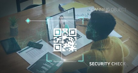 Poster - QR code scanning animation over person working at desk with laptop