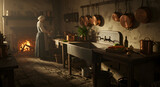Authentic Victorian Scullery Interior With Copper Pots And Farmhouse Sink