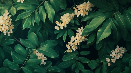 Wall Mural - lush green foliage with delicate pale yellow flowers.