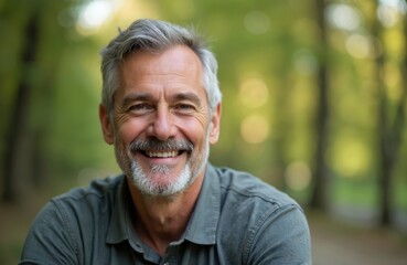 middle-aged man with grey hair beard smiling at camera in park. positive portrait of mature male. gr