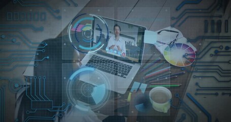 Poster - Digital interface animation over person working on laptop with colorful stationery