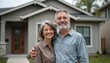 © miss irine - Senior couple happily pose in front of their modern home. Elderly man, woman embrace each other smiling. Front view of a house, real estate, residential property. Husband and wife retirement together.