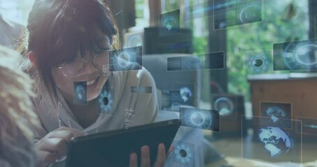 Poster - Using tablet with animation graphics overlay, woman engaging with digital data