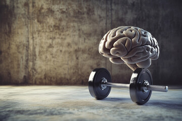 Aufkleber - brain is sitting on a dumbbell. The dumbbell is on a concrete floor. The brain is not in a normal position