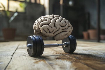 Aufkleber - brain is sitting on a dumbbell. The dumbbell is on a wooden table. The brain is not in a normal position, but it is on the dumbbell