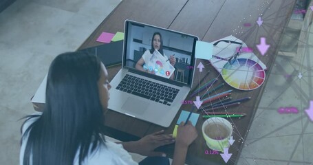 Poster - Participating in online meeting, woman using laptop with animation data visualization