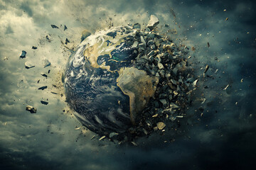 Poster - planet is shown in pieces, with a large chunk missing. The image has a mood of destruction and chaos