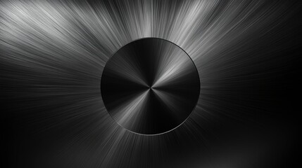 Poster - Abstract black metal circle with radiating light streaks.