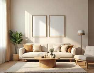 Aufkleber - Modern living room interior mockup with blank frames for art photos. Sofa pillows coffee table rug lamp home decor elements. Minimalist design, cozy light atmosphere with shadows from window. Empty