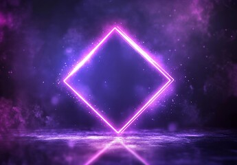 Wall Mural - At the center of the stage, a geometric laser figure takes prominence, set against a dark abstract futuristic background and accentuated by neon blue-pink rays of light