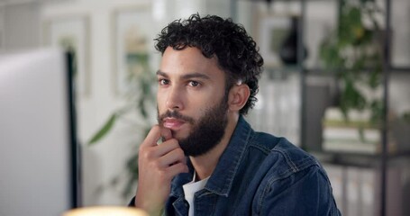 Fototapete - Business, thinking and man in office, computer and decision with email for copywriting project. Person, journalist and employee in workplace, pc and online reading with feedback for article or review