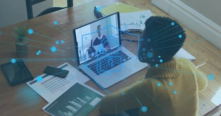 Poster - person in virtual meeting with data processing animation over laptop screen