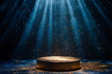Wall Mural - Dark blue stage set with golden spotlight lines and glitter texture, ideal for an award ceremony design with a realistic 3D abstract premium elegant glamour background created using generative AI