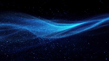 Poster - Abstract blue glowing wave particles on dark background.