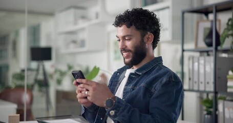 Aufkleber - Office, happy and business man with phone for social media, networking and online contact on break. Creative worker, relax and person on smartphone for internet, communication and website at work