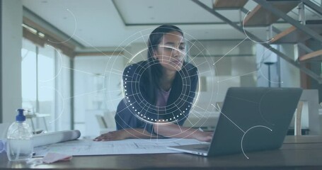 Poster - Working on laptop, businesswoman using digital interface in modern office animation