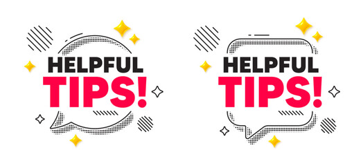 Poster - Helpful tips chat speech bubble. Social media concept. Helpful tips tag. Education faq sign. Help assistance symbol. 3d flare stars chat bubble. Vector