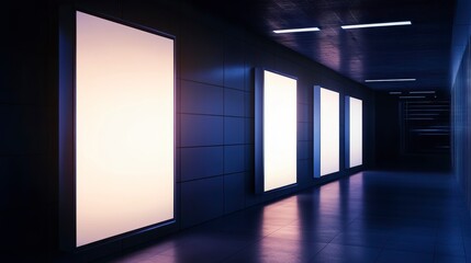 Wall Mural - Illuminated blank billboards in a dark corridor.