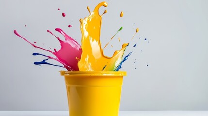 Poster - Yellow cup with a splash of paint in it. The colors are bright and vibrant, creating a sense of energy and excitement. The cup is placed on a table